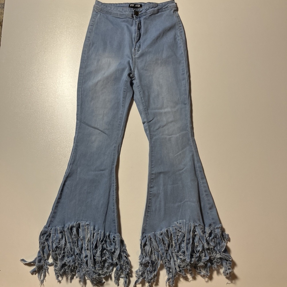 JC JQ Jeans Fringe Flare XL Light Wash Stretch Denim Hippie Retro Festival Pants